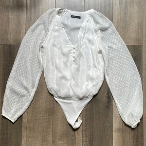Abercrombie White Long Sleeve Bodysuit with Translucent Sleeves
